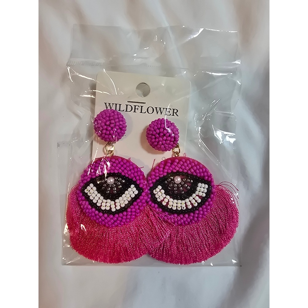 Wildflower Fuchsia Pink Beaded Evil Eye Tassel Statement Drop Earrings New